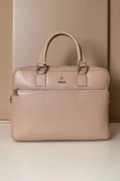 Beige Laptop Aktentasche Aus Leder Fronttasche Reißverschluss