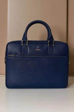 Dunkelblaue Laptop Aktentasche Aus Leder Fronttasche Reißverschluss