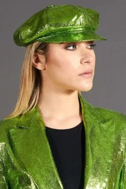 Grün Damen Lederhut Laminierter Leder Barett Mit Visier