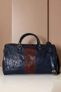 Blaue Braune Reisetasche Aus Leder Mit Reißverschluss