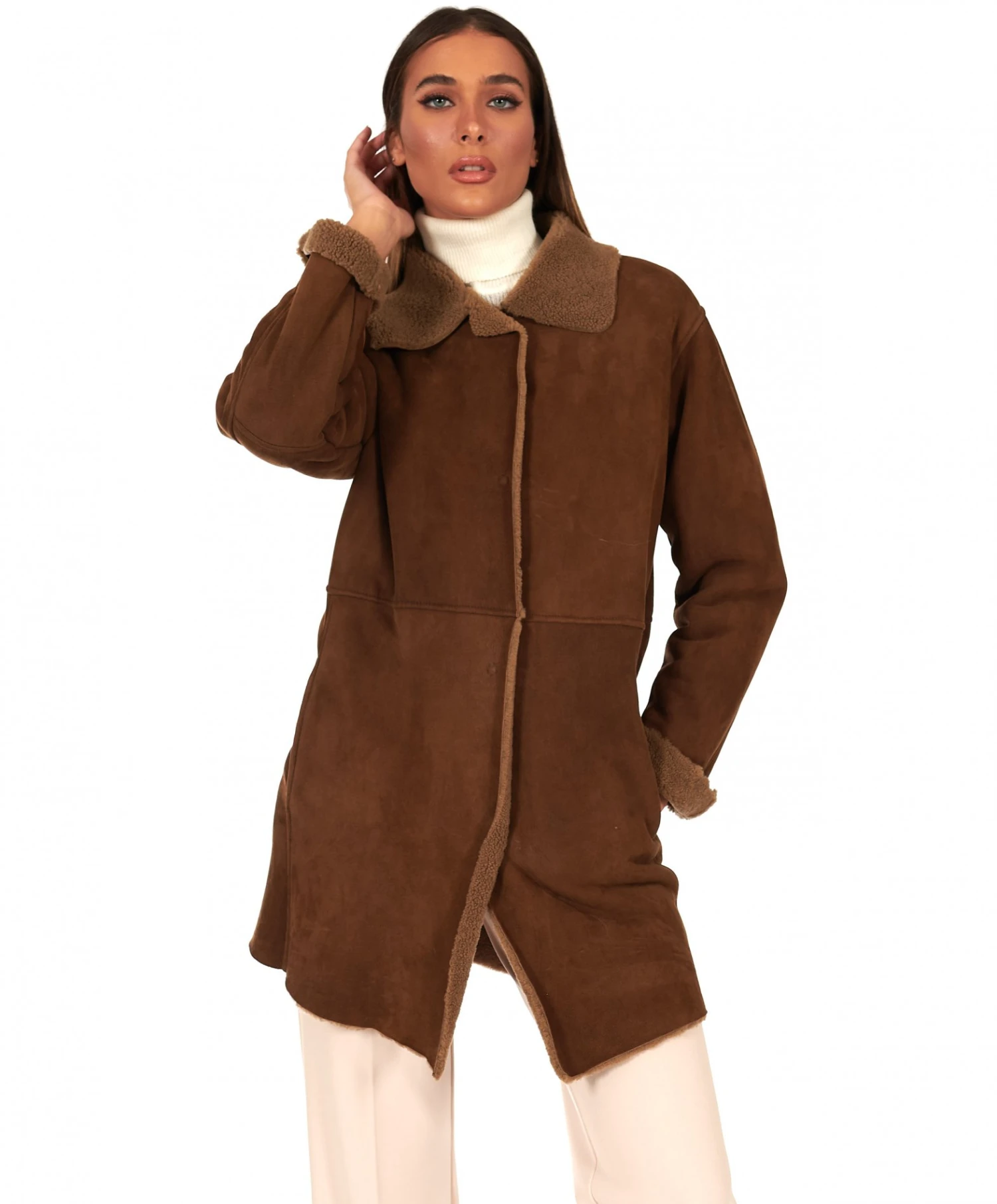 Braune Schaffell Lederjacke Hemdkragen