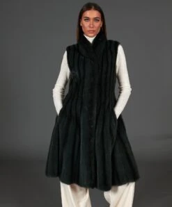 Ausgestellte ärmellose Nerzpelzmantel• Petrolgrün -D’ARIENZO Verkäufe damen nerzmantel armellose ausgestellt echtes nerzfell grune farbe 3