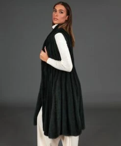 Ausgestellte ärmellose Nerzpelzmantel• Petrolgrün -D’ARIENZO Verkäufe damen nerzmantel armellose ausgestellt echtes nerzfell grune farbe 7