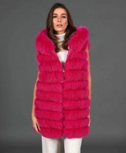 Ärmellose Fuchspelzweste Mit Kapuze • Fuchsia-Farbe