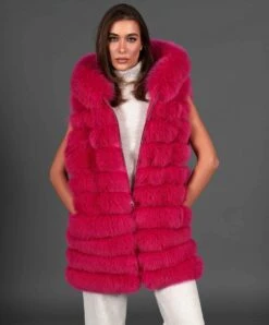 Ärmellose Fuchspelzweste Mit Kapuze • Fuchsia-Farbe -D’ARIENZO Verkäufe fuchspelzweste mit kapuze echtes fuchs pelze fuchsia farbe 6439 5