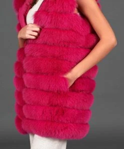 Ärmellose Fuchspelzweste Mit Kapuze • Fuchsia-Farbe -D’ARIENZO Verkäufe fuchspelzweste mit kapuze echtes fuchs pelze fuchsia farbe 6439 8