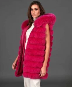 Ärmellose Fuchspelzweste Mit Kapuze • Fuchsia-Farbe -D’ARIENZO Verkäufe fuchspelzweste mit kapuze echtes fuchs pelze fuchsia farbe 6439 9