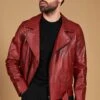 Chiodo Biker Rote Lederjacke Mit Gürtel Und Breitem Revers