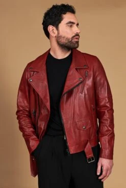 Chiodo Biker Rote Lederjacke Mit Gürtel Und Breitem Revers -D’ARIENZO Verkäufe herren lederjacke bikerjacke echtes leder rote Chiodo 3