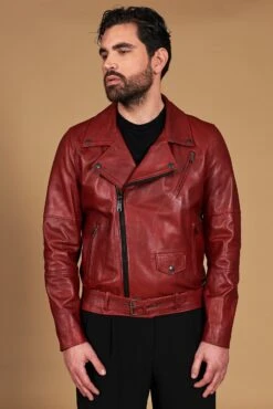 Chiodo Biker Rote Lederjacke Mit Gürtel Und Breitem Revers -D’ARIENZO Verkäufe herren lederjacke bikerjacke echtes leder rote Chiodo 5