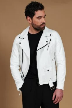 Chiodo Biker Weiße Lederjacke Bikerjacke Mit Gürtel