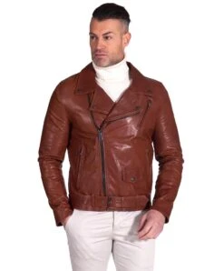 Biker Lederjacke Mit Ziegenleder Zerknitterter Effekt Und Gürtel