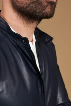 Blaue Naturleder Jacke Biker Lammleder Glatter Effekt -D’ARIENZO Verkäufe herren lederjacke bikerlederjacke echtes leder Blaue Ted 10