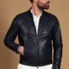 Blaue Naturleder Jacke Biker Lammleder Glatter Effekt