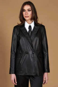 Zweireihiges Blazer Aus Schwarzem Leder Knopfverschluss -D’ARIENZO Verkäufe leder blazer damen echtes leder schwarze Giada 12