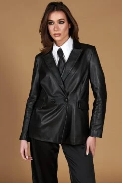 Zweireihiges Blazer Aus Schwarzem Leder Knopfverschluss -D’ARIENZO Verkäufe leder blazer damen echtes leder schwarze Giada 14