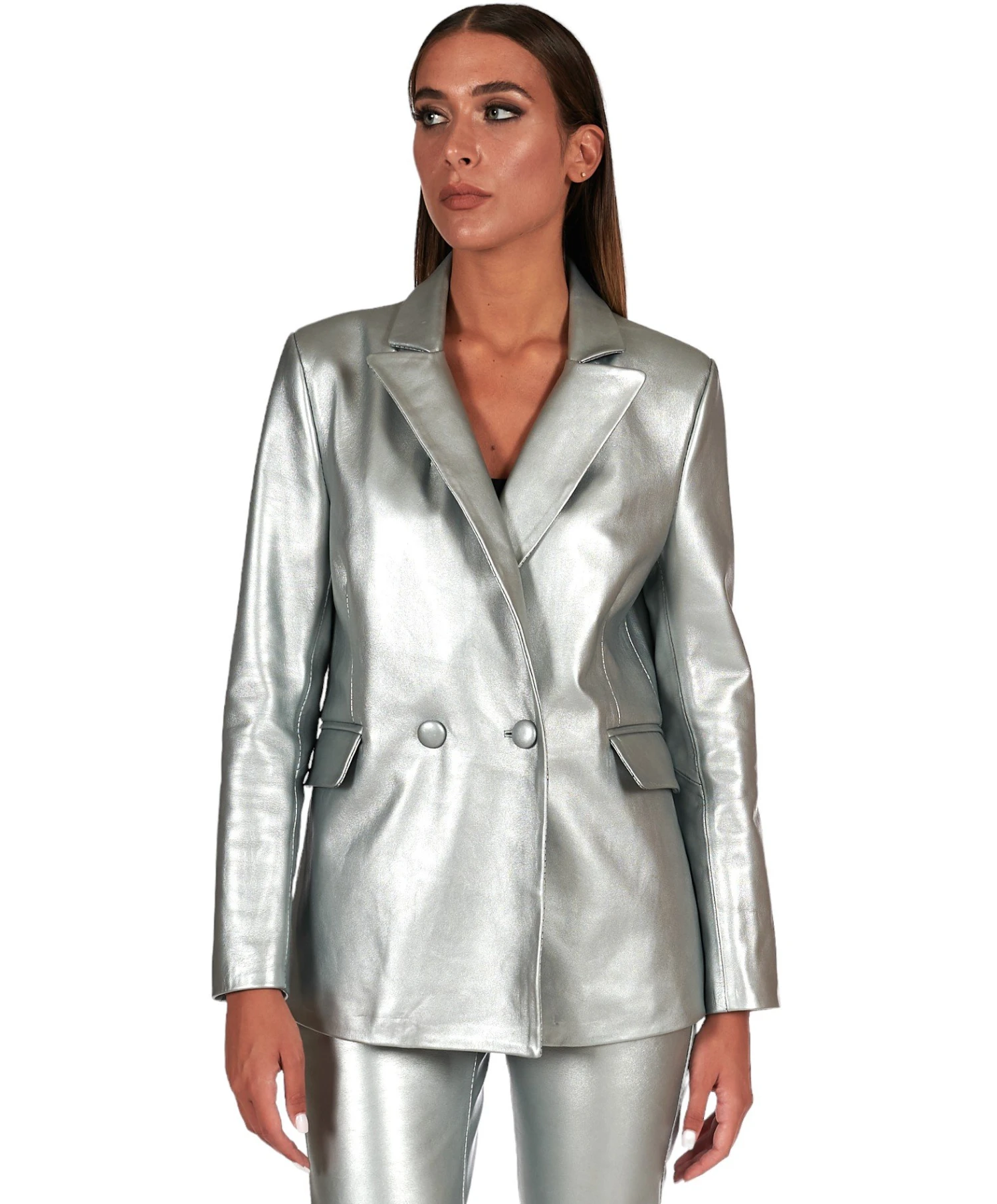 Zweireihiger Blazer Aus Silberfarbenem Leder Mit Knopfverschluss