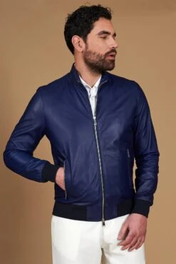 Elektrisches Blau Lederjacke Bomberjacke Koreanischer Kragen -D’ARIENZO Verkäufe leder bomberjacke herren lederjacke echte leder blau 106 3