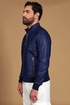 Elektrisches Blau Lederjacke Bomberjacke Koreanischer Kragen -D’ARIENZO Verkäufe leder bomberjacke herren lederjacke echte leder blau 106 5