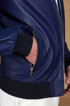 Elektrisches Blau Lederjacke Bomberjacke Koreanischer Kragen -D’ARIENZO Verkäufe leder bomberjacke herren lederjacke echte leder blau 106 7