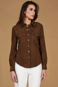 Taupe Farbe Wildlederhemd Mit Knopfverschluss