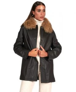 Einreihige Dunklebraune Lederjacke Mit Pelzkragen