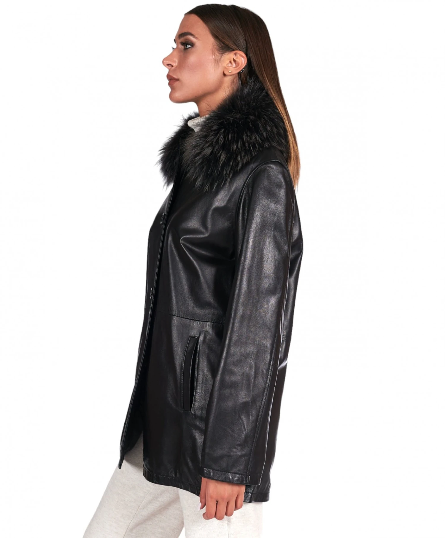 Einreihige Schwarze Lederjacke Mit Pelzkragen 3 Einreihige Schwarze Lederjacke Mit Pelzkragen – Bild 3