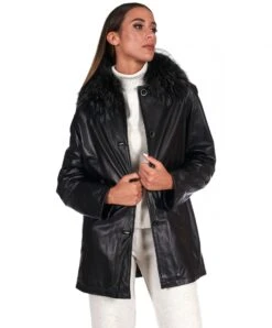 Einreihige Schwarze Lederjacke Mit Pelzkragen