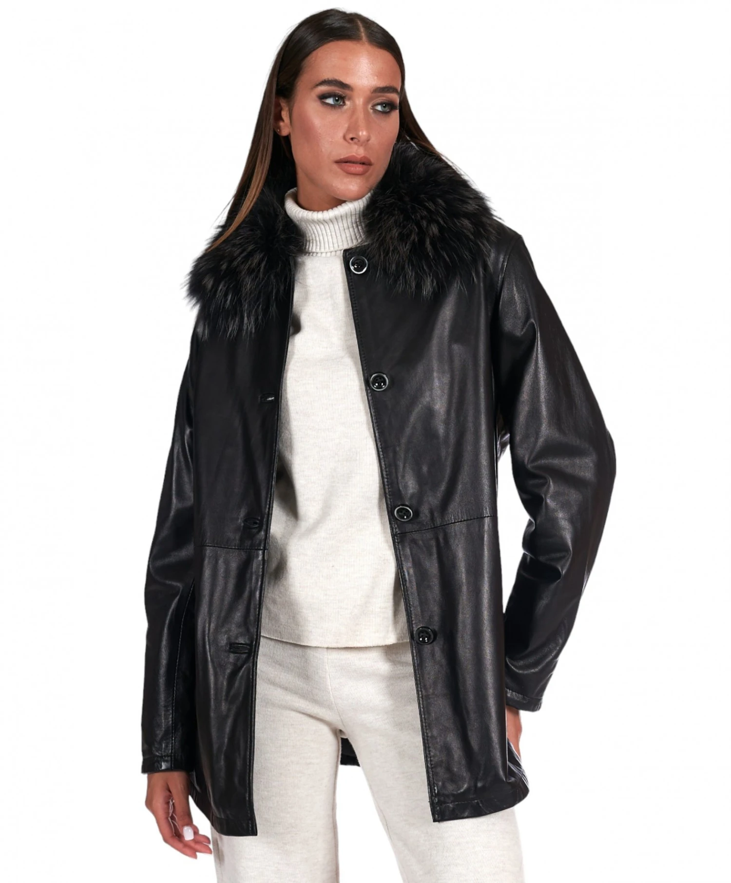 Einreihige Schwarze Lederjacke Mit Pelzkragen 6 Einreihige Schwarze Lederjacke Mit Pelzkragen – Bild 6