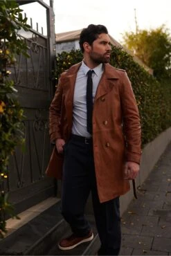 Zweireihiger Vintage-Ledermantel In Cognac Mit Gürtel -D’ARIENZO Verkäufe leder mantel fur manner ledermantel echtes leder lederfarben Spinel 3