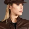 Dunkelbraune Damen Lederhut Aus Nappaleder Barett Mit Visier