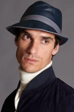 Blaue Trilby Lederhut Herren Aus Nappaleder Schmales Visier