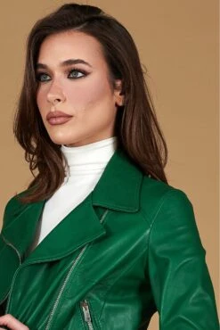 Grüne Kurze Lederjacke Naturleder Cropped Bikerjacke -D’ARIENZO Verkäufe lederjacke damen kurze bikerjacke echtes leder Gr ne Alice 2
