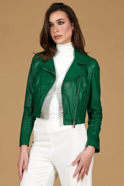 Grüne Kurze Lederjacke Naturleder Cropped Bikerjacke -D’ARIENZO Verkäufe lederjacke damen kurze bikerjacke echtes leder Gr ne Alice 5