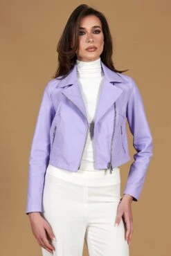Pastellfarbene Wisteria Kurze Bikerlederjacke -D’ARIENZO Verkäufe lederjacke damen kurze bikerjacke echtes leder pastel wisteria Alice 4