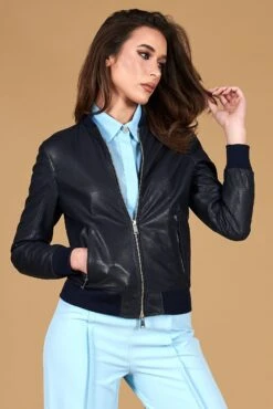 Blaue Perforiertes Bomberjacke Glatte-Effekt 14 Blaue Perforiertes Bomberjacke Glatte-Effekt -D’ARIENZO Verkäufe lederjacke damen perforierte bomberjacke echtes leder balue G155 college 3