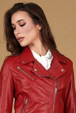 Chiodo Rote Bikerjacke Aus Leder Mit Glattem Nappa Gürtel -D’ARIENZO Verkäufe lederjacke frau biker rot 2