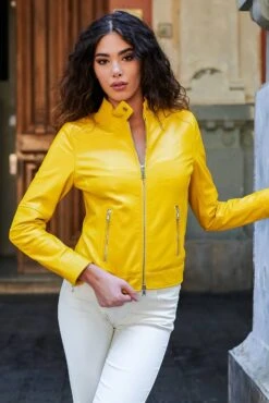 Gelbe Bikerjacke Nappaleder Lammleder Glatte-effekt -D’ARIENZO Verkäufe lederjacke frauen bikerjacke echtes leder gelbe Linda 3
