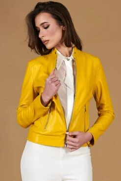 Gelbe Bikerjacke Nappaleder Lammleder Glatte-effekt -D’ARIENZO Verkäufe lederjacke frauen bikerjacke echtes leder gelbe Linda 4