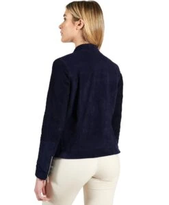 Blaue Bikerjacke Perforiertes Wildleder Glatte-effekt -D’ARIENZO Verkäufe lederjacke frauen bikerjacke perforiertem wildleder echtes leder blau Linda 2