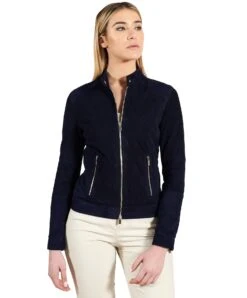 Blaue Bikerjacke Perforiertes Wildleder Glatte-effekt