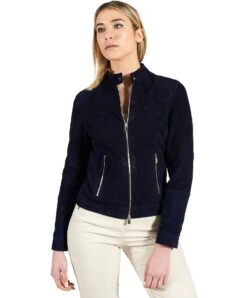 Blaue Bikerjacke Perforiertes Wildleder Glatte-effekt -D’ARIENZO Verkäufe lederjacke frauen bikerjacke perforiertem wildleder echtes leder blau Linda 3