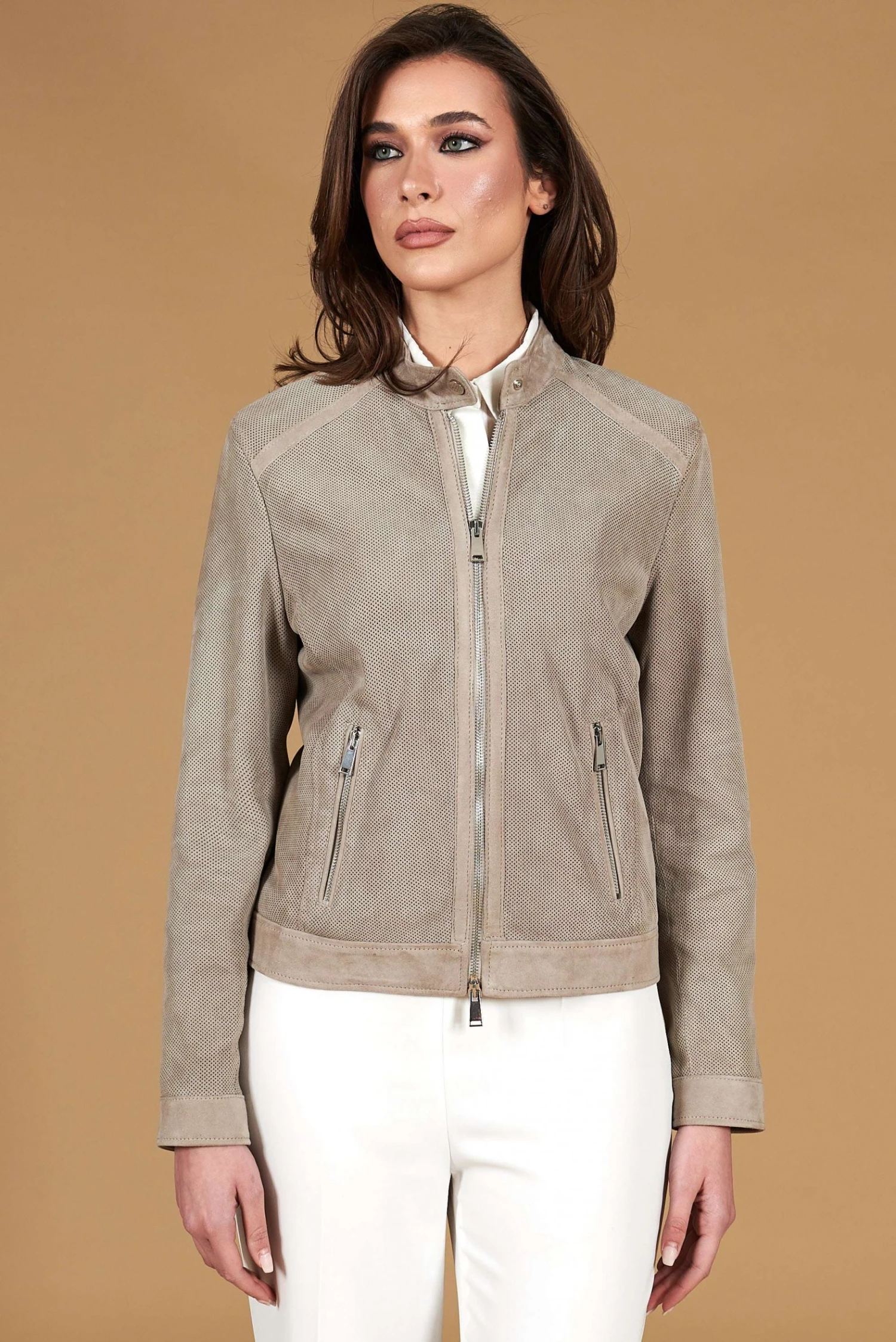 Graue Bikerjacke Perforiertes Wildleder Glatte-effekt 4 Graue Bikerjacke Perforiertes Wildleder Glatte-effekt – Bild 4