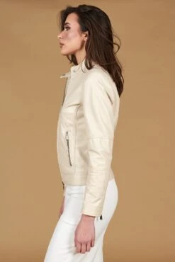 Cremfarben Lederjacke Glattem Effektzwei Taschen Koreanischer Kragen 21 Cremfarben Lederjacke Glattem Effektzwei Taschen Koreanischer Kragen -D’ARIENZO Verkäufe lederjacke fur frau bikerjacke echtes leder cremefarben Linda 8