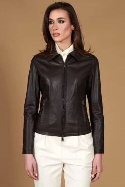 Dunkelbraune Lederjacke Naturleder Hemd Kragen -D’ARIENZO Verkäufe lederjacke fur frauen biker echtes leder braune Vale Cam 5