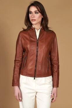 Lederfarben Lederjacke Glate-effekt Koreanisches Kragen -D’ARIENZO Verkäufe lederjacke fur frauen biker echtes leder cognac Vale 4
