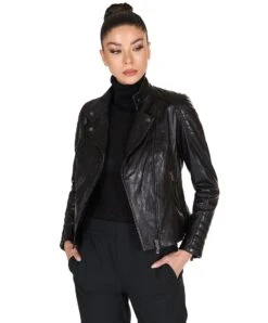 Schwarze Pflanzliches Gesteppte Lederjacke Mit Vintage-effekt