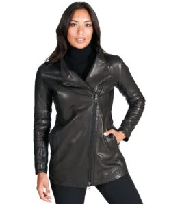 Schwarze Lederjacke Gekreuztem Reißverschluss Vintage-effekt -D’ARIENZO Verkäufe lederjacke fur frauen biker vintage echtes leder schwarze Serena 8