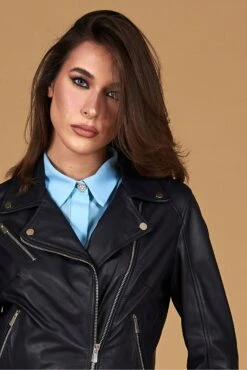 Blau Bikerjacke Aus Naturleder Kreuzreißverschluss -D’ARIENZO Verkäufe lederjacke fur frauen bikerjacke echtes leder Blau KBC 2