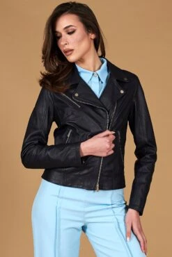 Blau Bikerjacke Aus Naturleder Kreuzreißverschluss -D’ARIENZO Verkäufe lederjacke fur frauen bikerjacke echtes leder Blau KBC 4